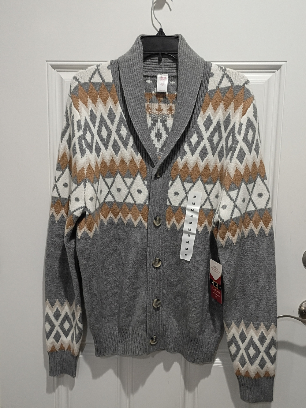 Men's Shawl Collar Button Cardigan Sweater - Gray with Tan & White Pattern